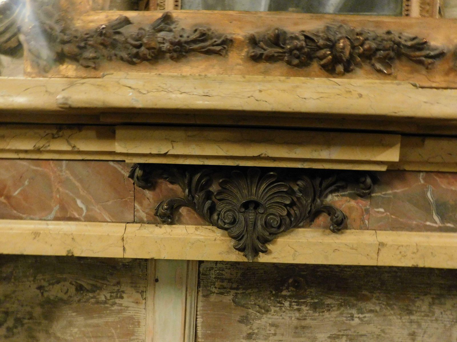 Important Mantle Fireplace In Marble Inlays Red/Yellow, Italy photo vintage