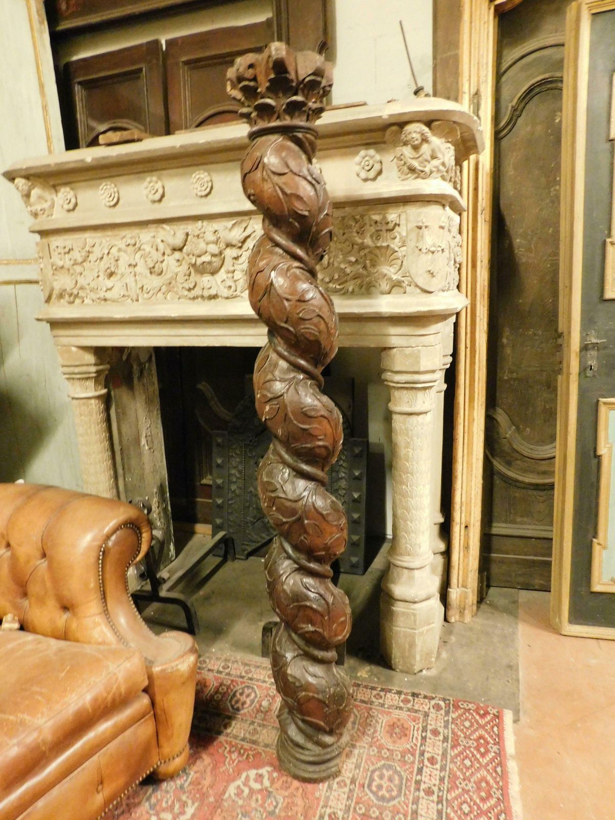 Column In Dark Brown Walnut Wood, Hand Sculpted With A Twisted Shape, Italy photo for sale