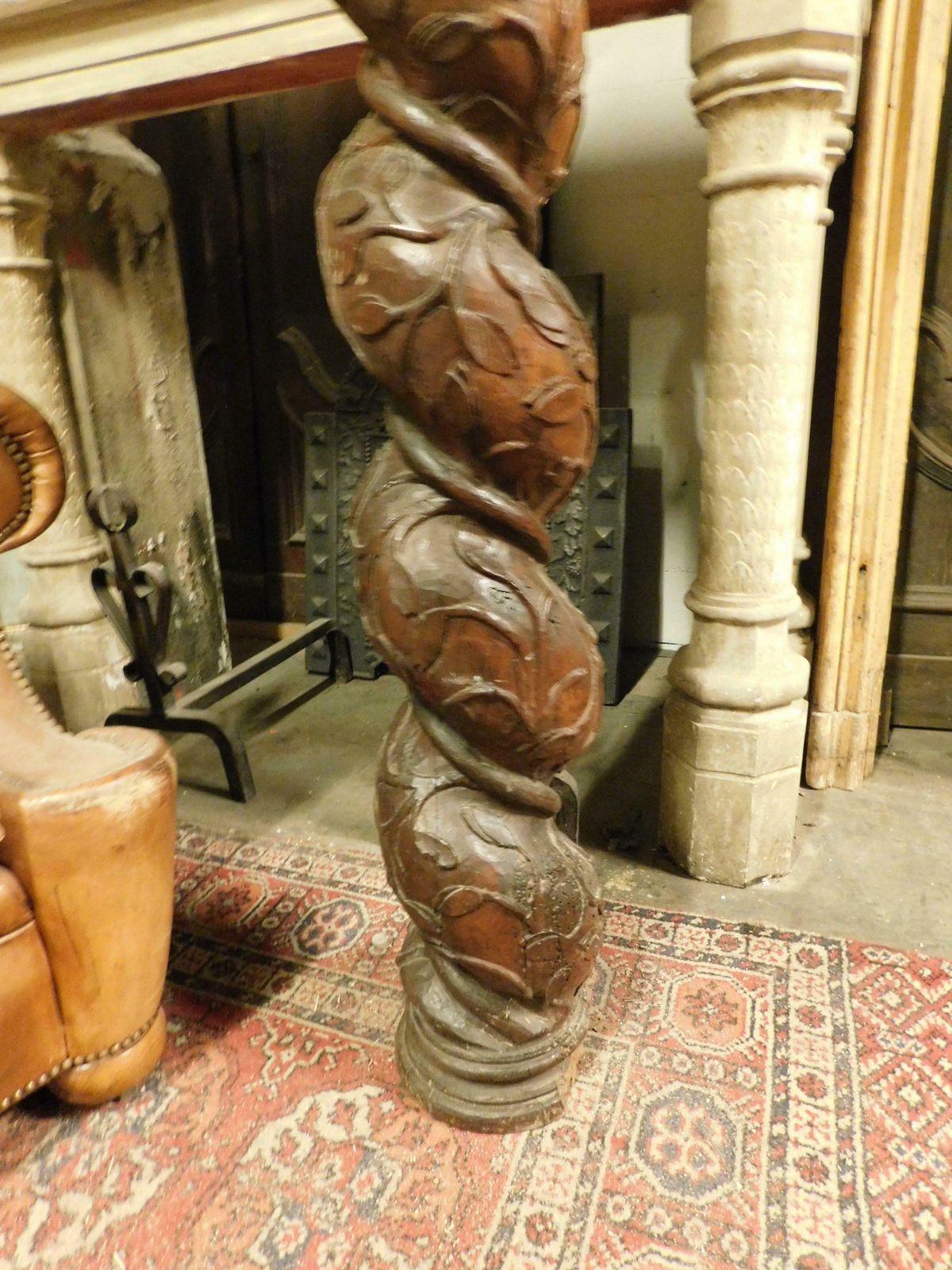 Column In Dark Brown Walnut Wood, Hand Sculpted With A Twisted Shape, Italy photo 1702.0