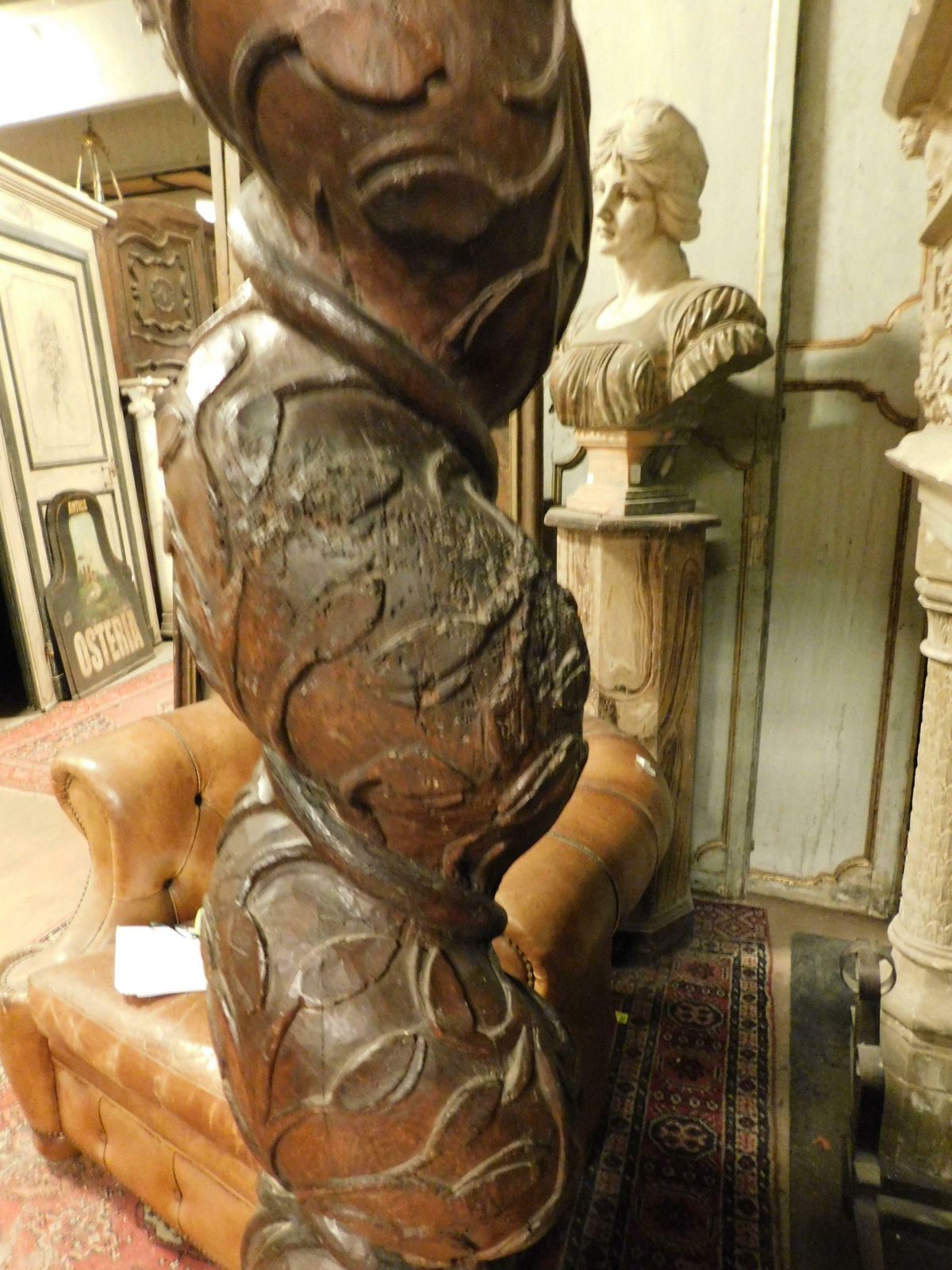 Column In Dark Brown Walnut Wood, Hand Sculpted With A Twisted Shape, Italy photo buy