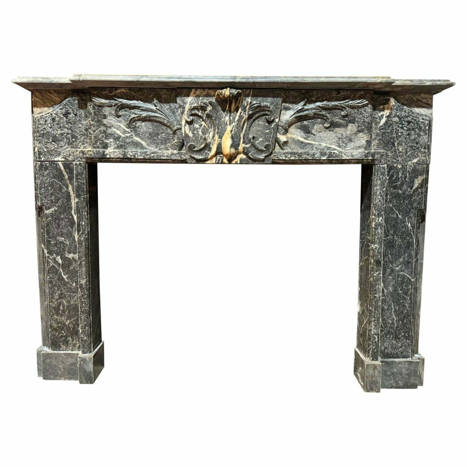 Fireplace Mantle In Fine Gray Marble With White Veins, Carved, Italy