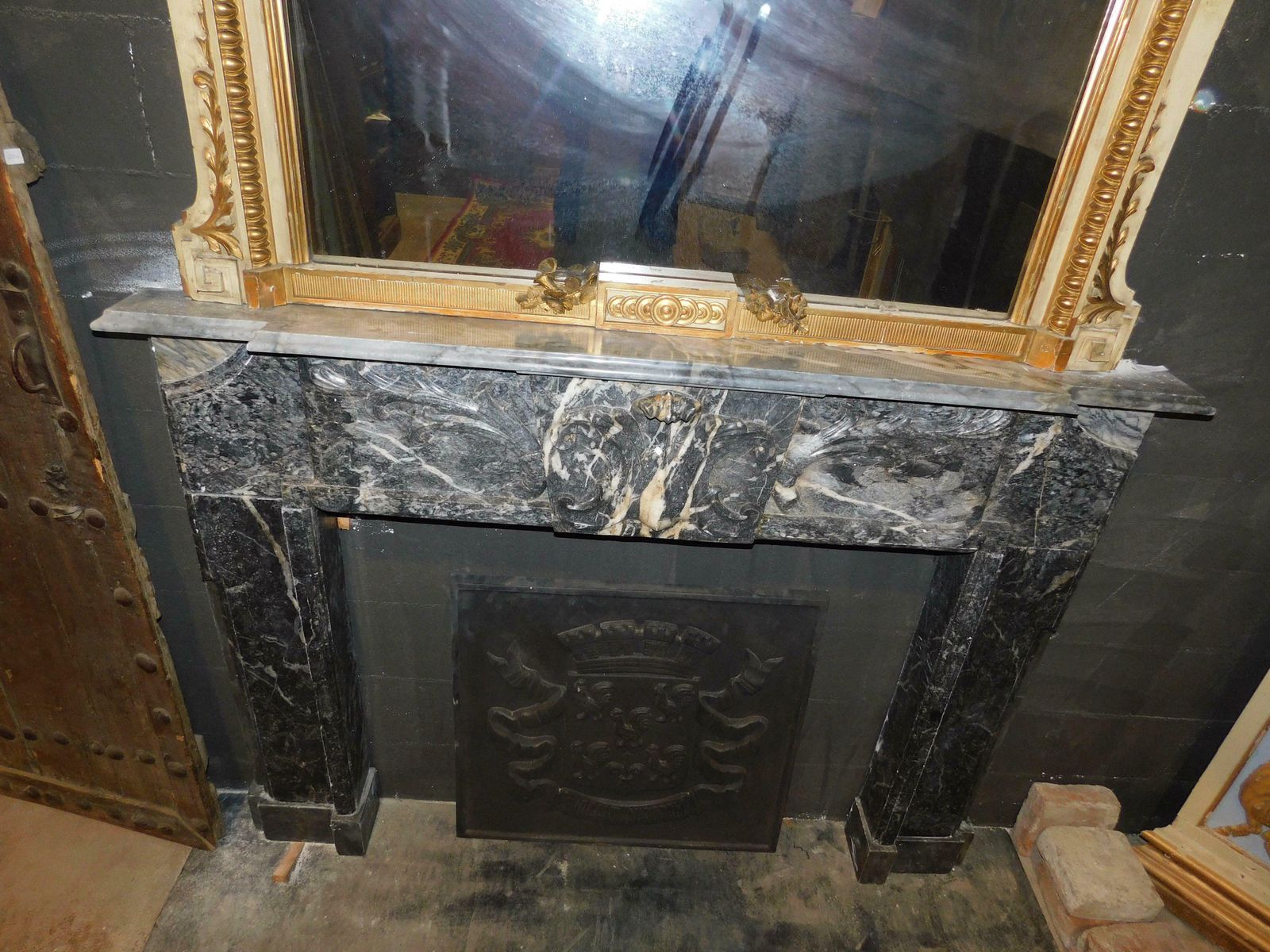 Fireplace Mantle In Fine Gray Marble With White Veins, Carved, Italy photo vinterior