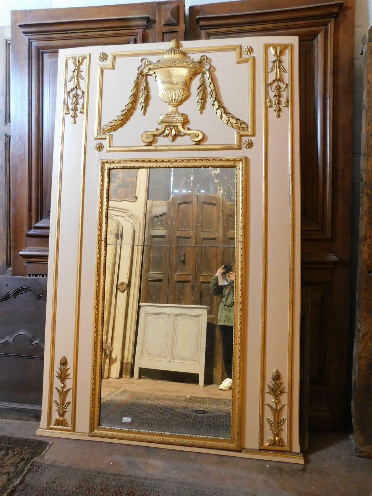 Large White Lacquered Wooden Mirror With Golden Decorations, Very High, France photo for sale
