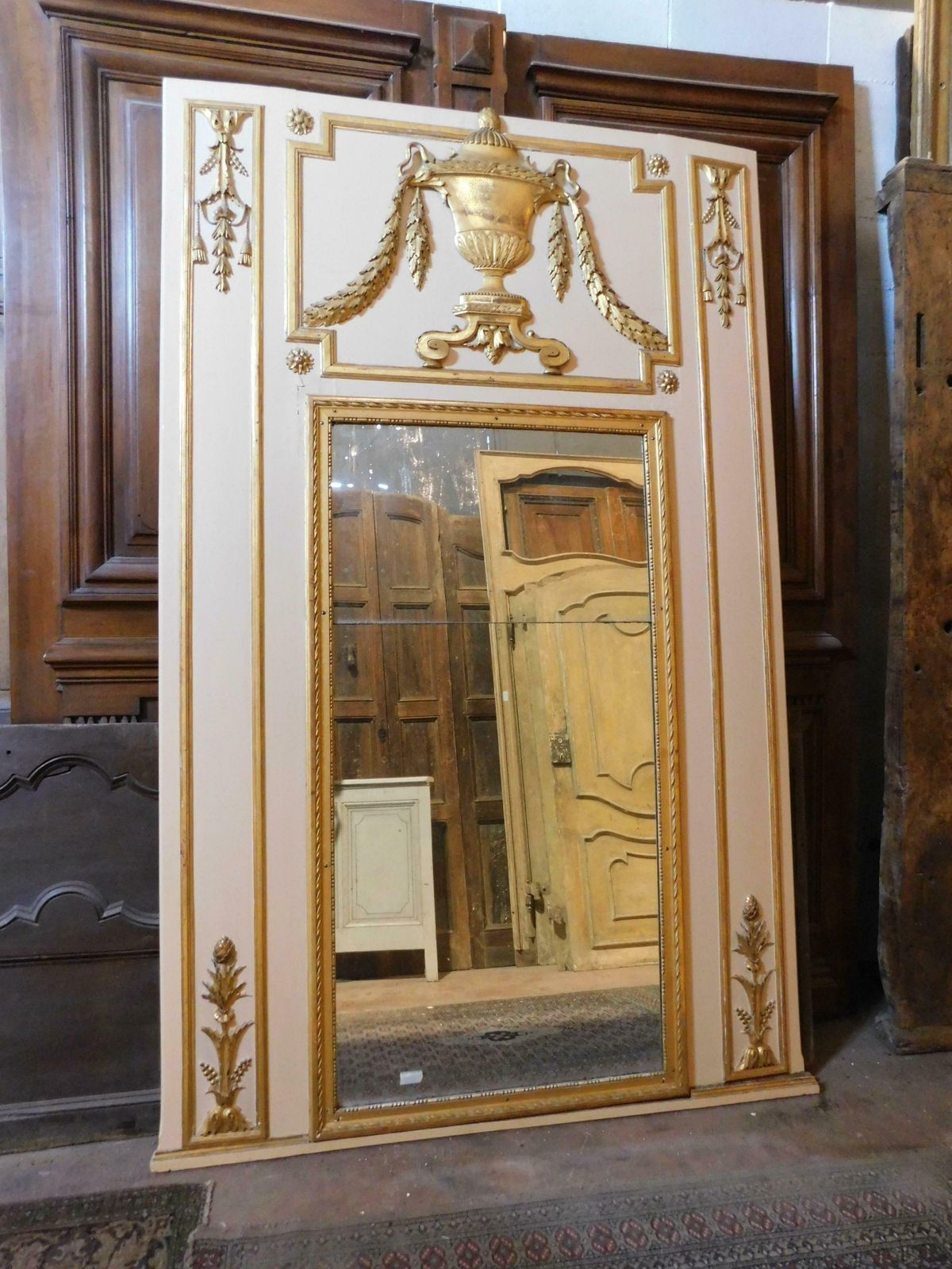 Large White Lacquered Wooden Mirror With Golden Decorations, Very High, France photo 4430.0