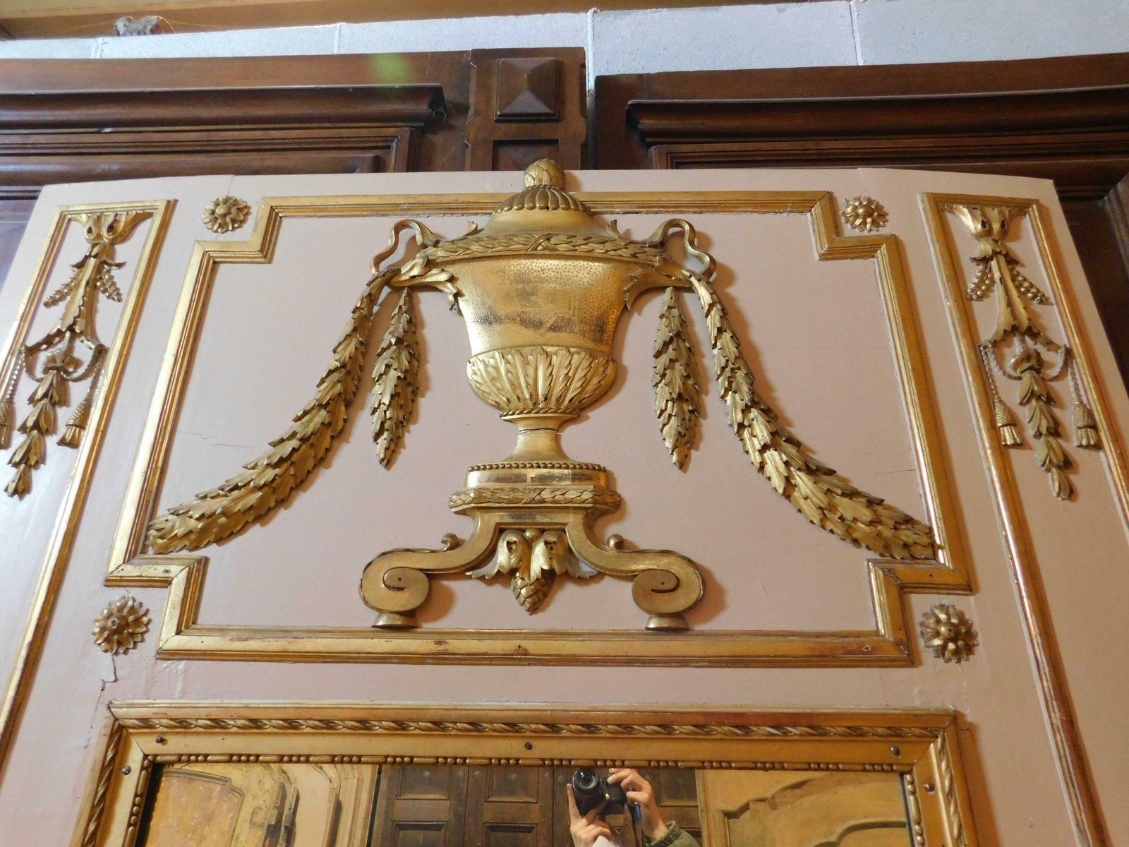 photo furniture Large White Lacquered Wooden Mirror With Golden Decorations, Very High, France