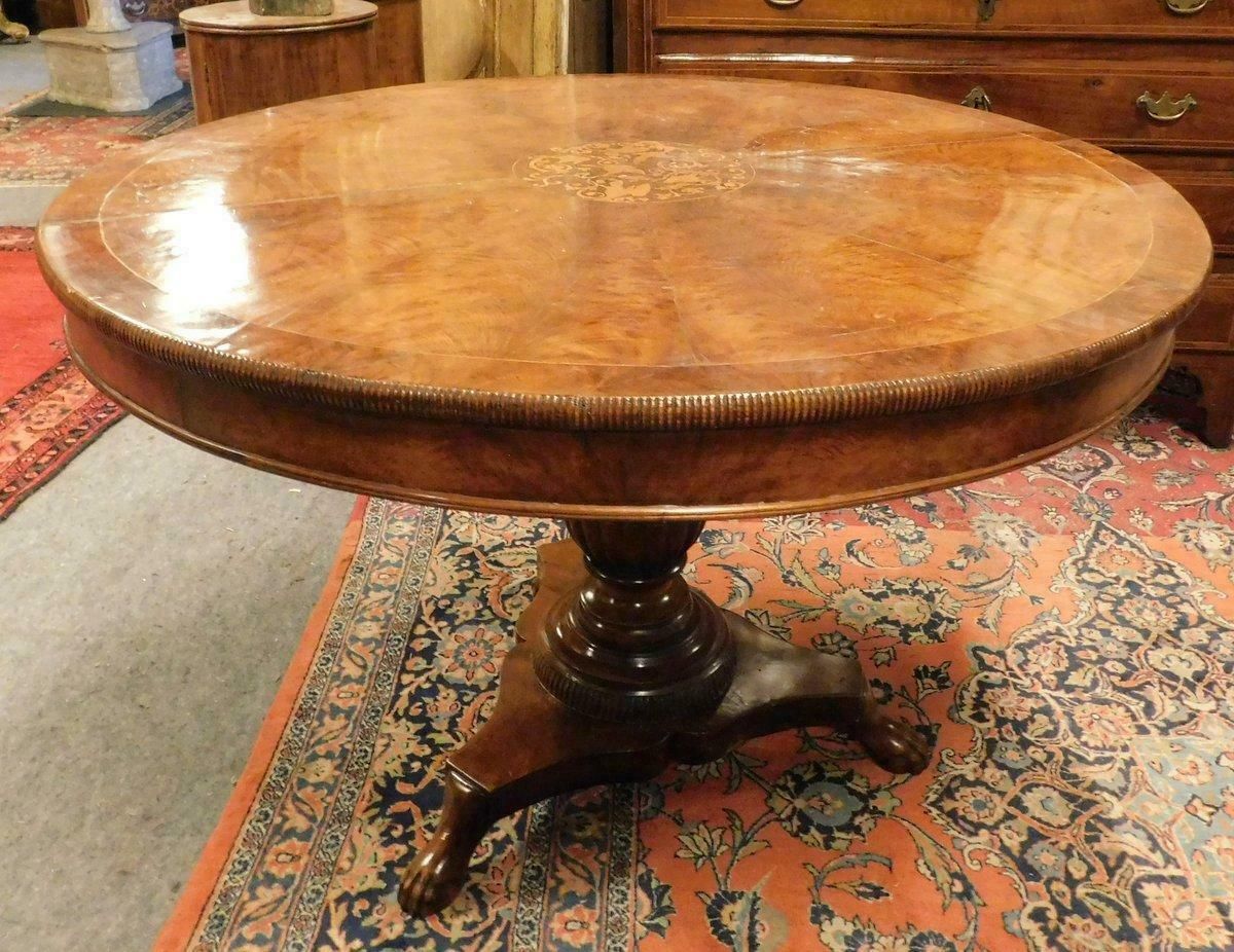 Round Walnut Center Table With Inlay, Carved Leg, Italy photo 3233.0