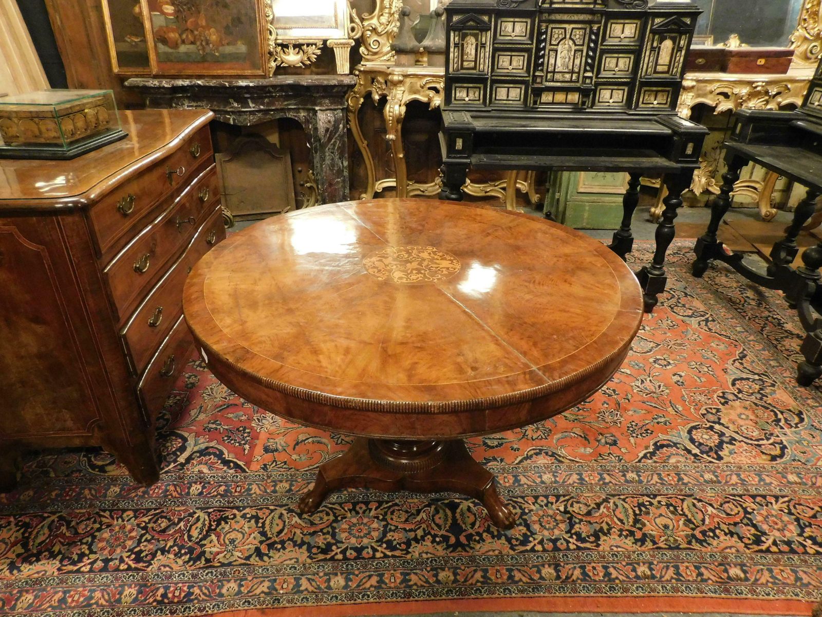 Round Walnut Center Table With Inlay, Carved Leg, Italy photo buy