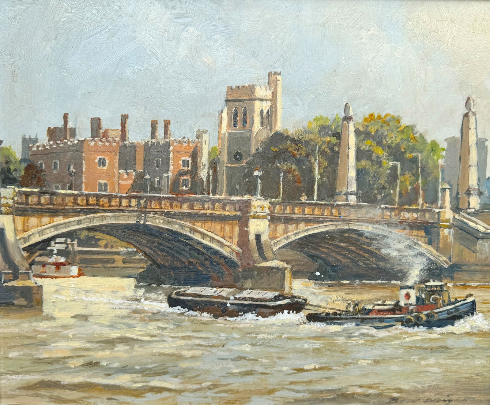 Bert Wright P.P.R.S.M.A (B.1930) Original Signed Oil Painting ‘River Thames, Lambeth Bridge And Palace’