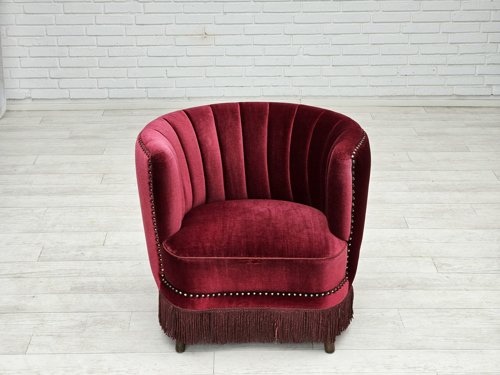 photo furniture 1970s, Danish Lounge Chair, Original Condition, Cherry Red Velour Fabric.