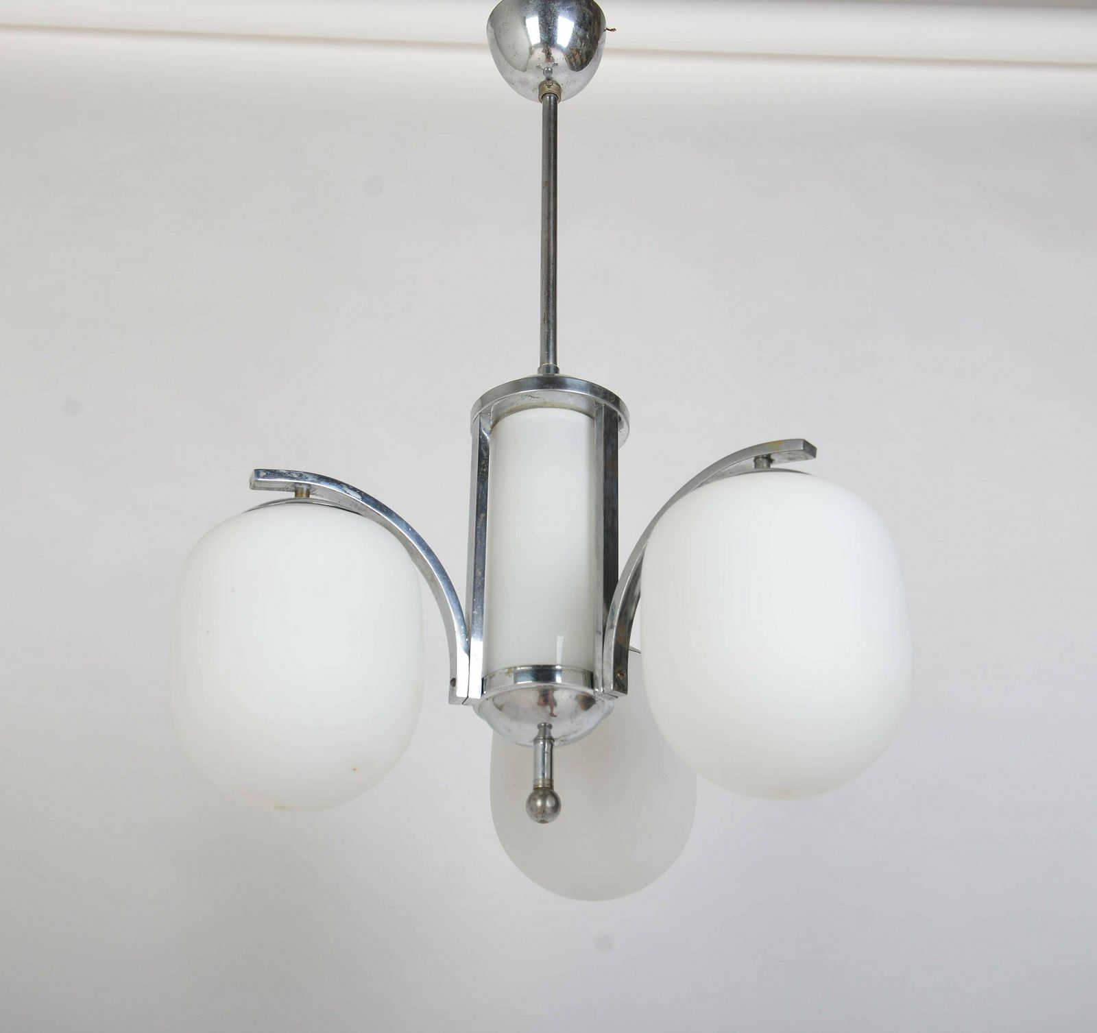 Art Deco Chrome   Plated Pendant Lamp With 3 Opaline Shades, 1930s Mid Century Chandelier, Retro Lighting