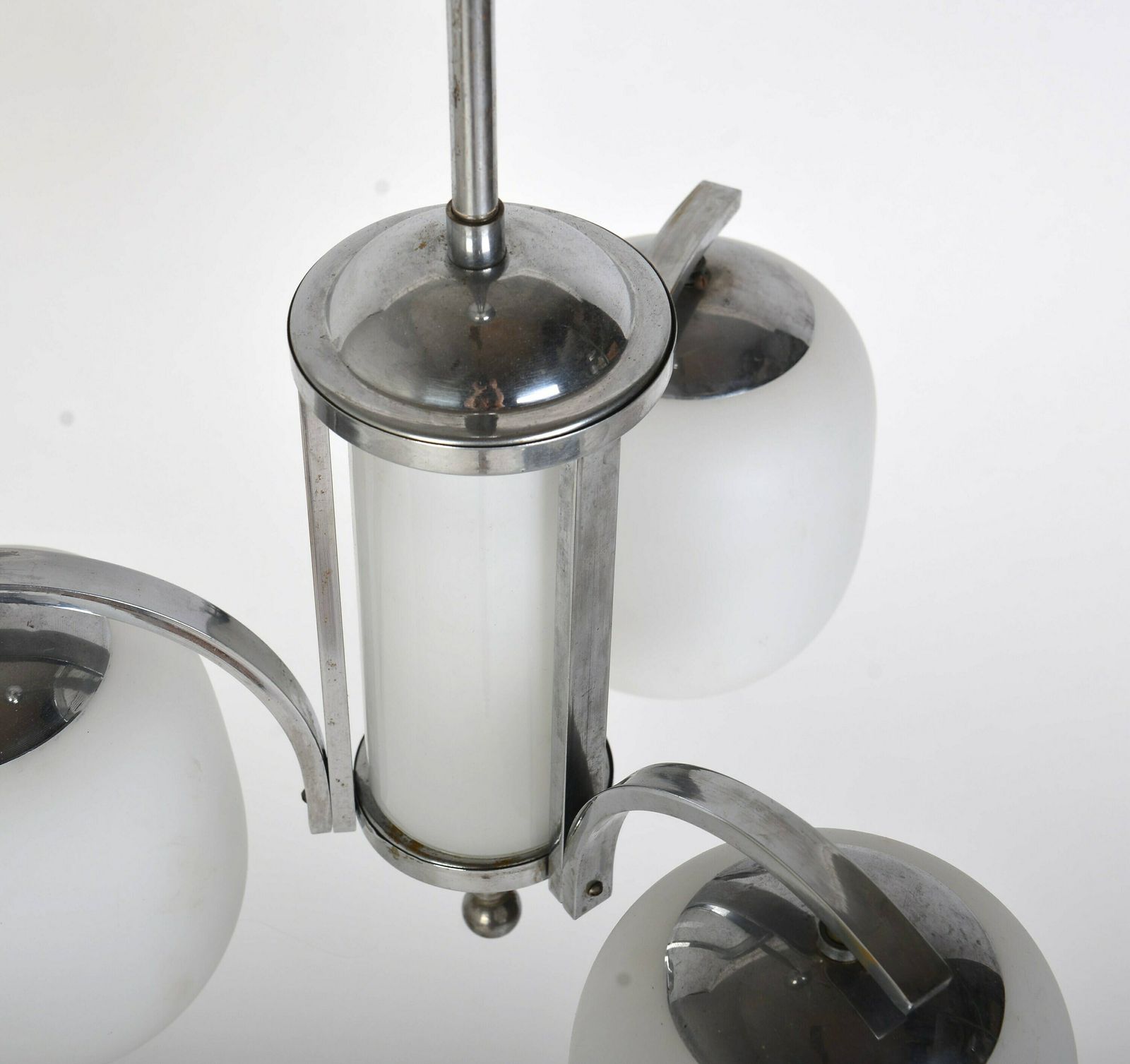 Art Deco Chrome   Plated Pendant Lamp With 3 Opaline Shades, 1930s Mid Century Chandelier, Retro Lighting photo Lighting