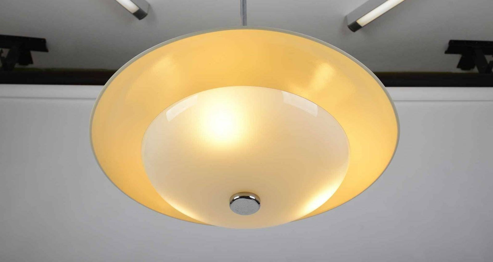 Bauhaus Ceiling Light By Franta Anyz, 1930s – Nickel Plated Brass & Opaline Glass, Perfect For Mid Century Modern Interiors photo vinterior