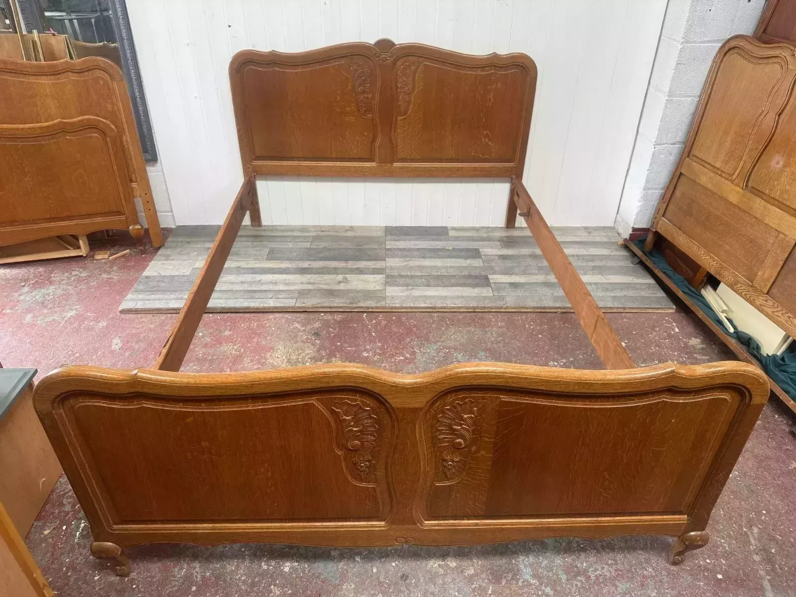 Lovely Vintage French Louis XV Oak Carved Double Bed Custom Painted photo for sale