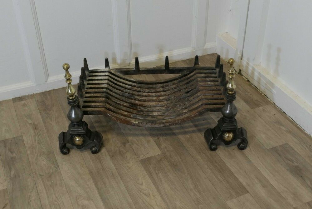 Large Polished Steel And Brass Log Grate On Andirons photo for sale