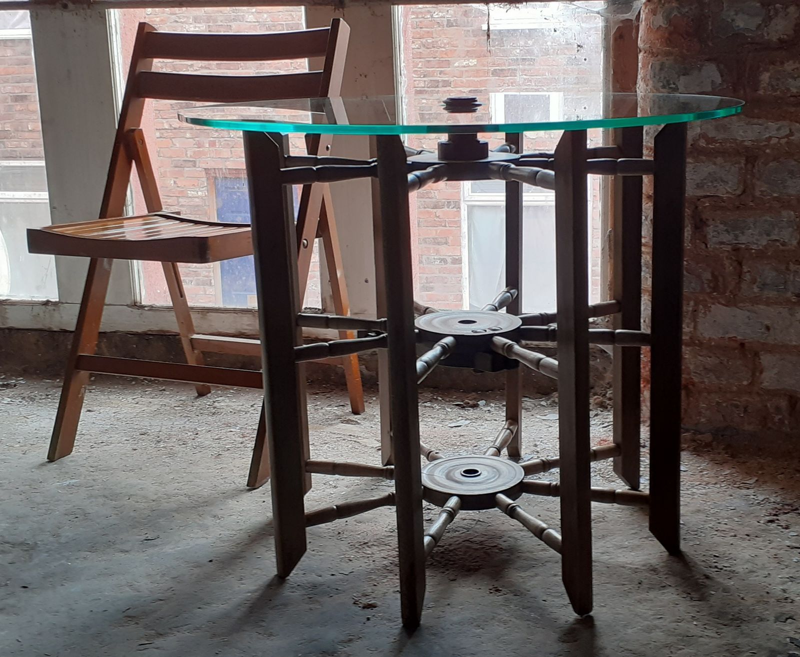 Unique Glass Topped Table. Industrial, Aged Base With New Safety Glass Top. photo furniture