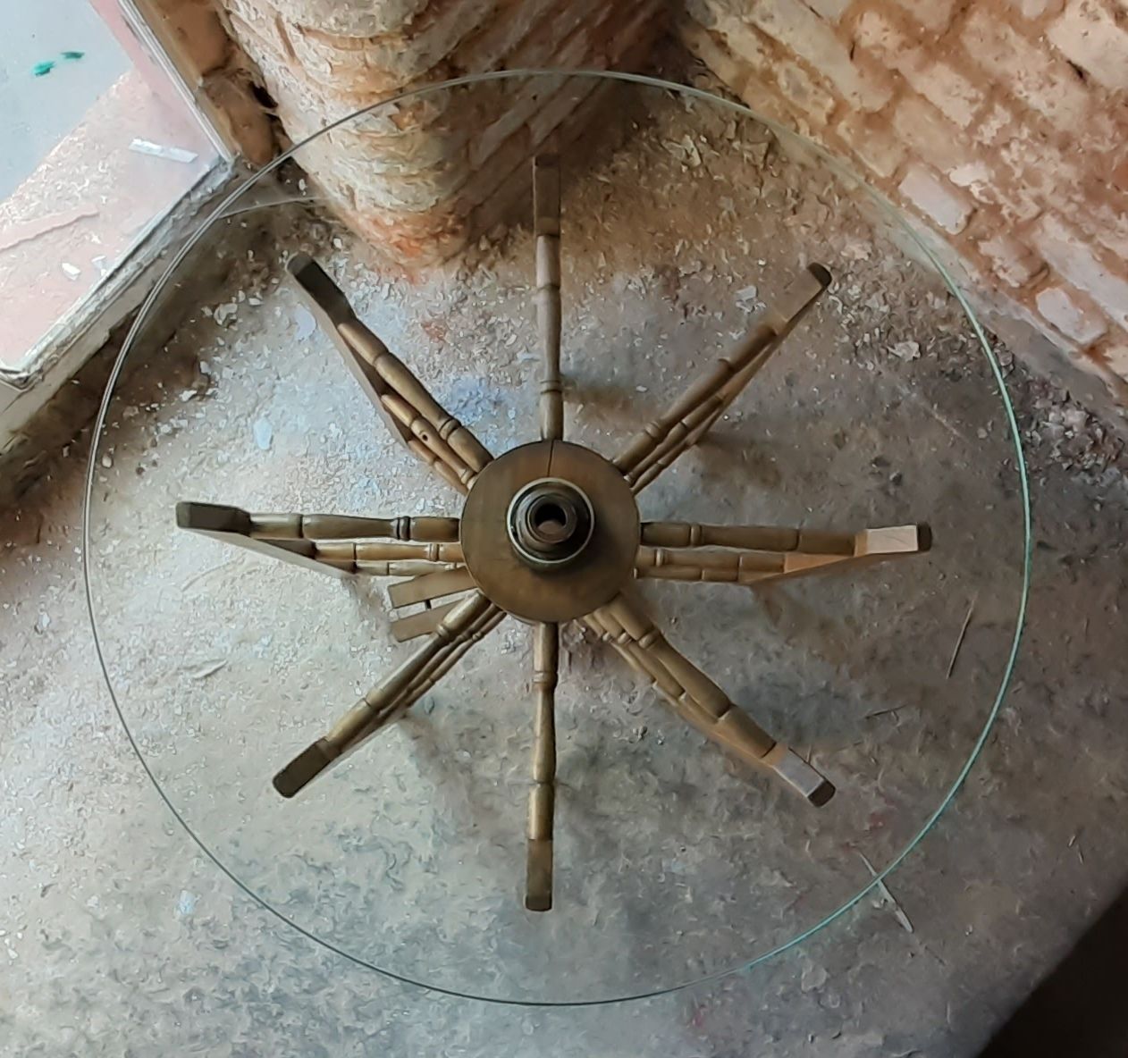 Unique Glass Topped Table. Industrial, Aged Base With New Safety Glass Top. photo for sale