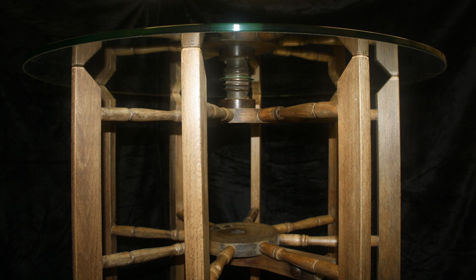 Unique Glass Topped Table. Industrial, Aged Base With New Safety Glass Top. photo vinterior