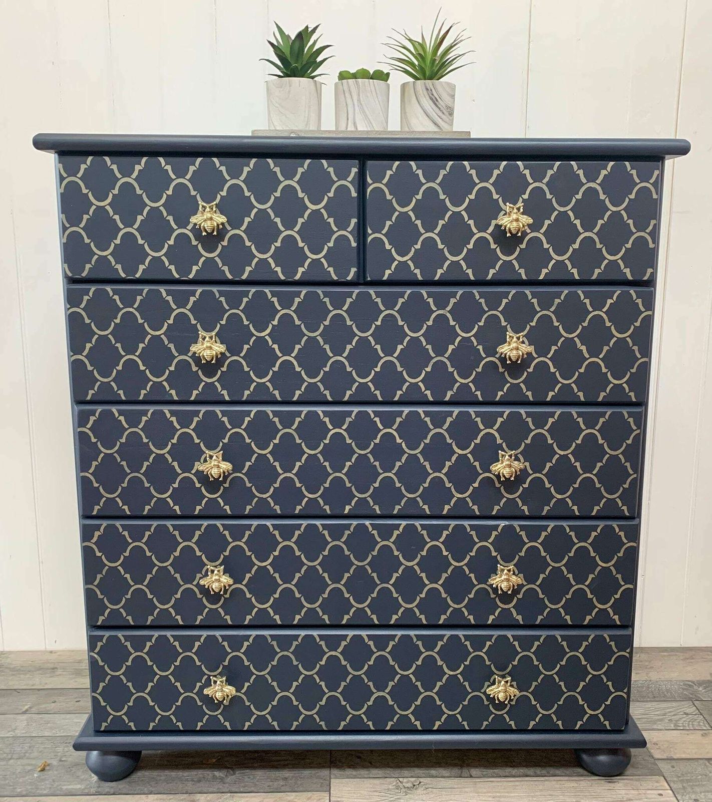 Lovely Bespoke/Custom Hand Painted To Order Medium Solid Wood Chest Of Drawers Blue With Gold Stencilling