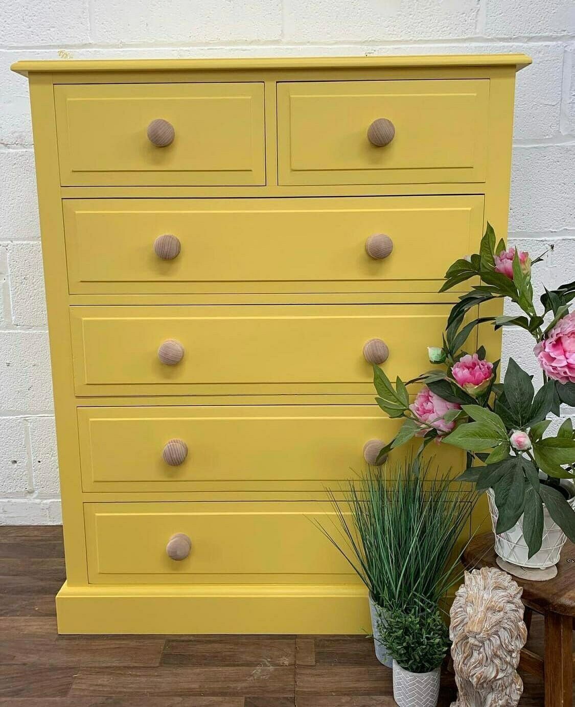 Lovely Bespoke/Custom Hand Painted To Order Medium Solid Wood Chest Of Drawers Blue With Gold Stencilling photo furniture