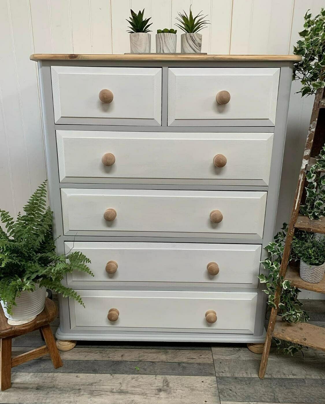 Lovely Bespoke/Custom Hand Painted To Order Medium Solid Wood Chest Of Drawers Blue With Gold Stencilling photo Furniture