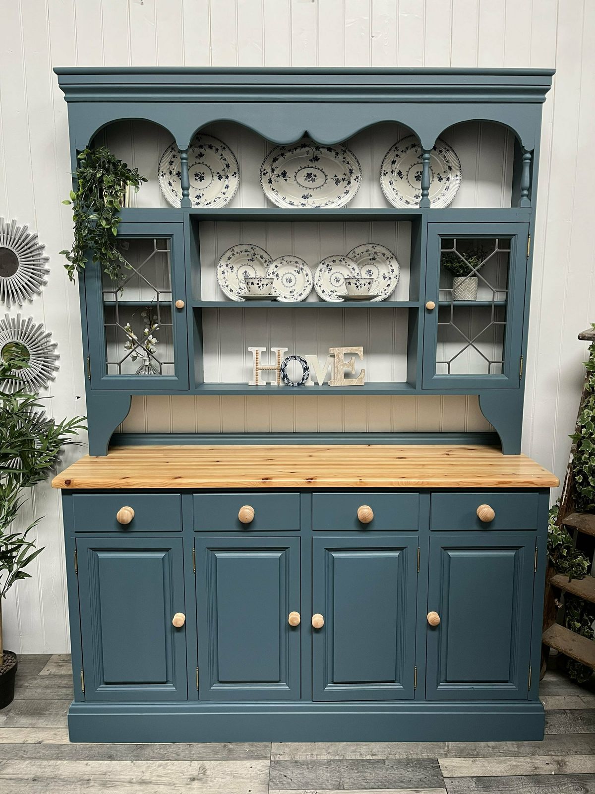 Custom Painted Upcycled Large Glazed/Glass Door Display Vintage/Pine Kitchen Welsh Dressers Storage Fusion Mineral Paint Blue photo Furniture