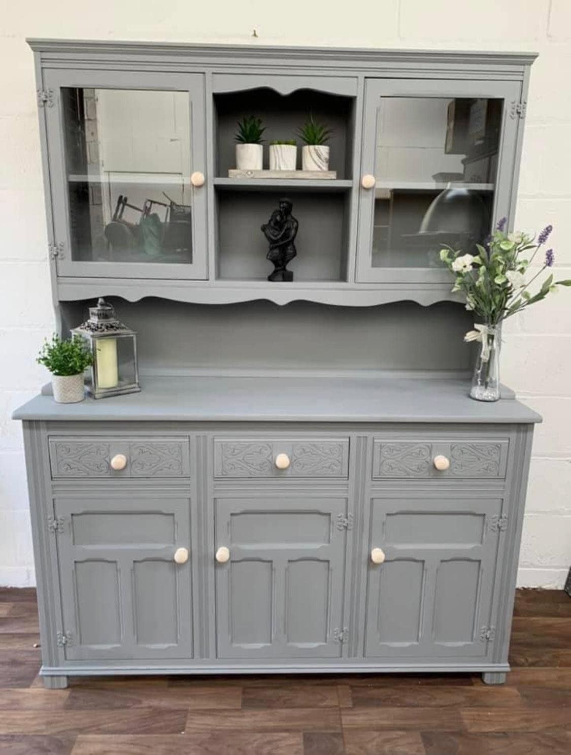 Custom Painted Upcycled Large Glazed/Glass Door Display Vintage/Pine Kitchen Welsh Dressers Storage Fusion Mineral Paint Blue photo vintage