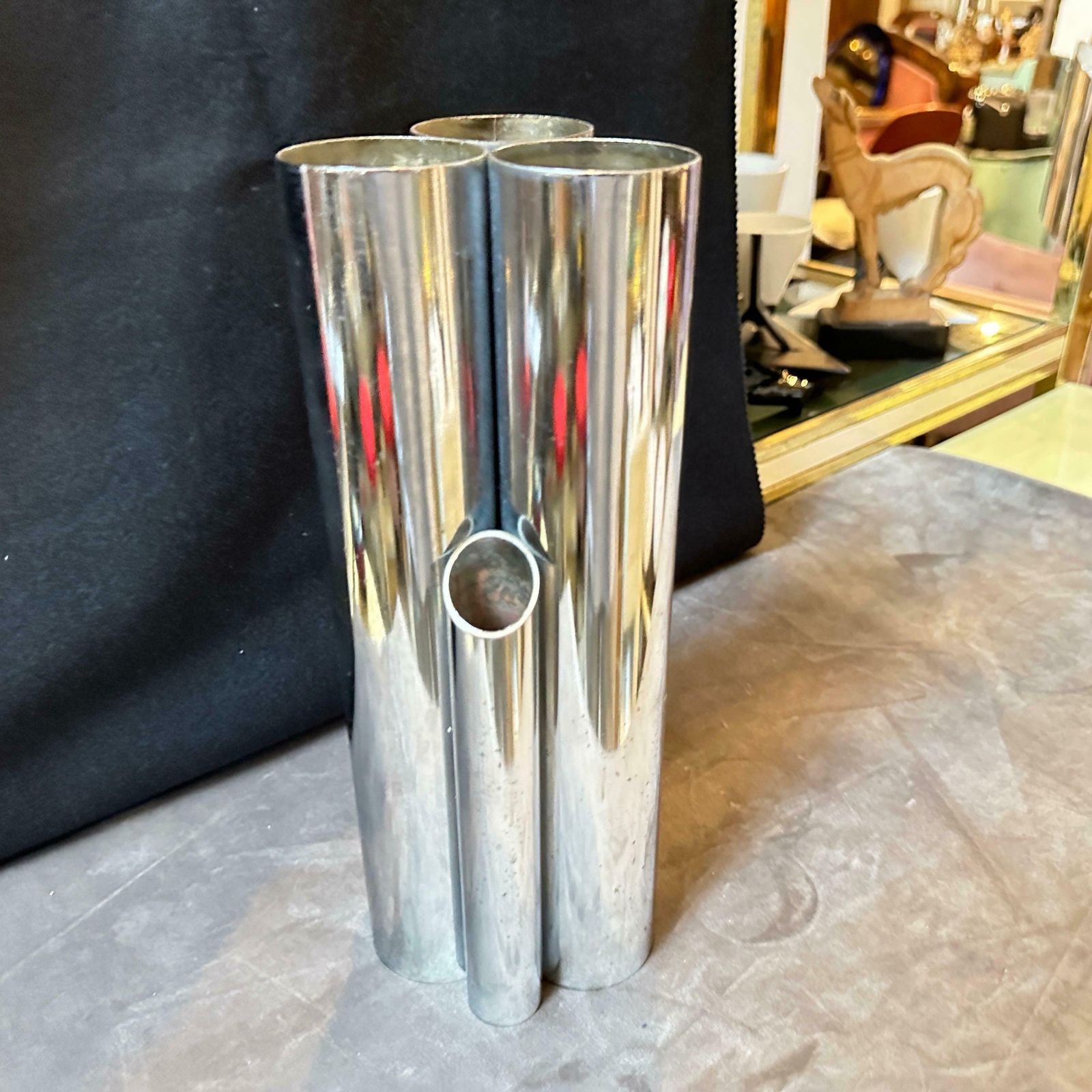 1960s Gio Ponti Style Minimalist Chromed Metal Multiple Cylinder Vase photo for sale