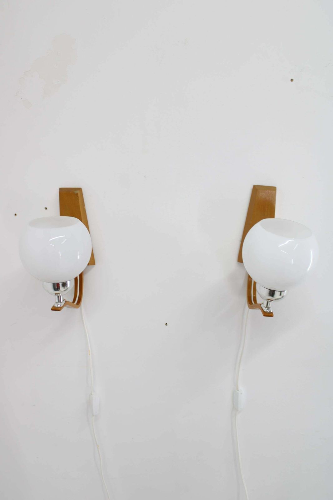 1960s Pair Of Wooden Wall Lamps With Glass Shades By Drevo Humpolec, Czechoslova photo for sale