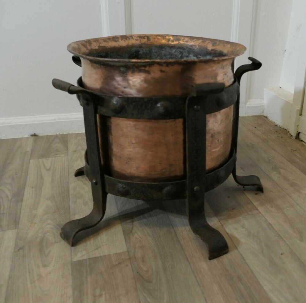 Heavy Arts And Crafts Copper And Wrought Iron Log Bin
