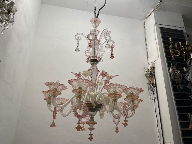 photo buy Large Venetian Pink Murano Glass Chandelier 1960’s