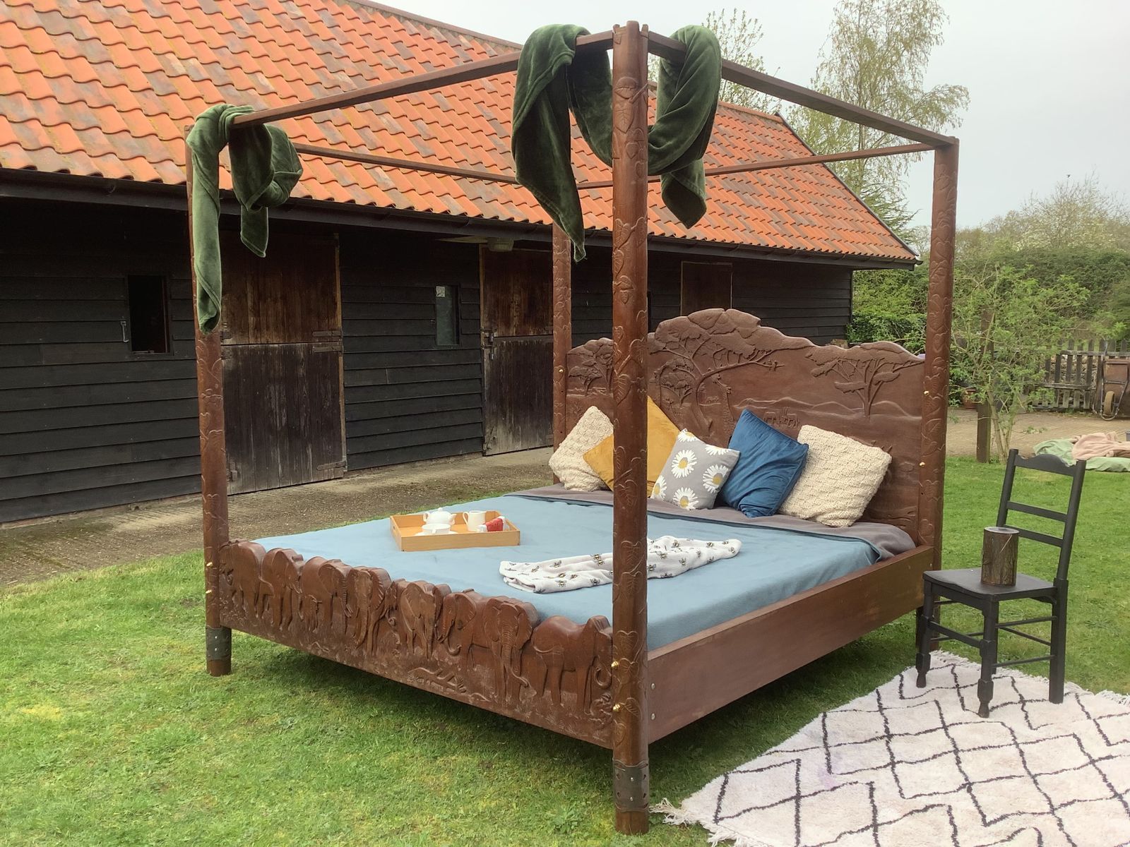 African Hand Carved Bed photo vintage