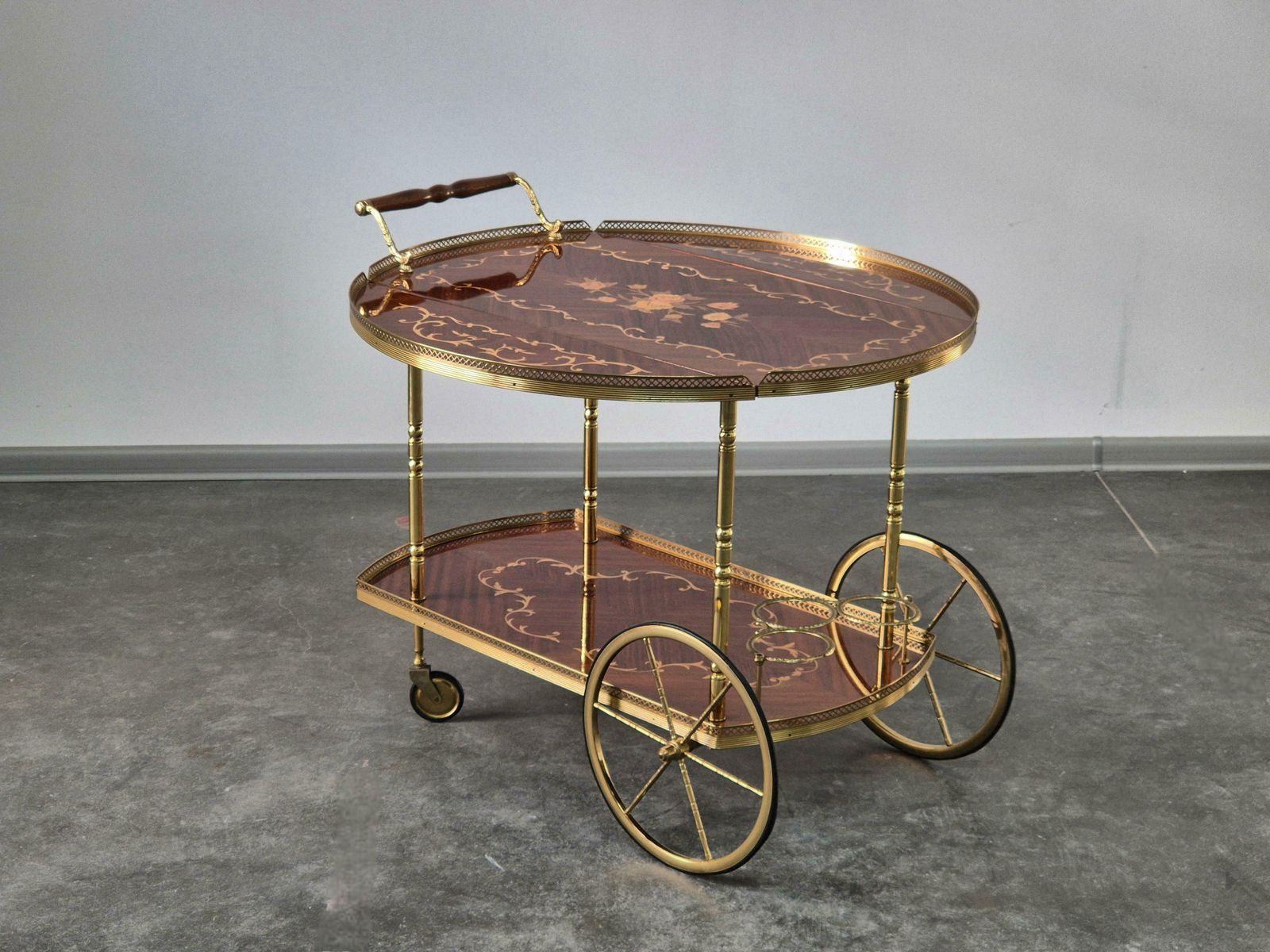 Serving Drink Bar Cart Trolley With Side Flaps, Marquetry Inlays, 1970s. photo for sale
