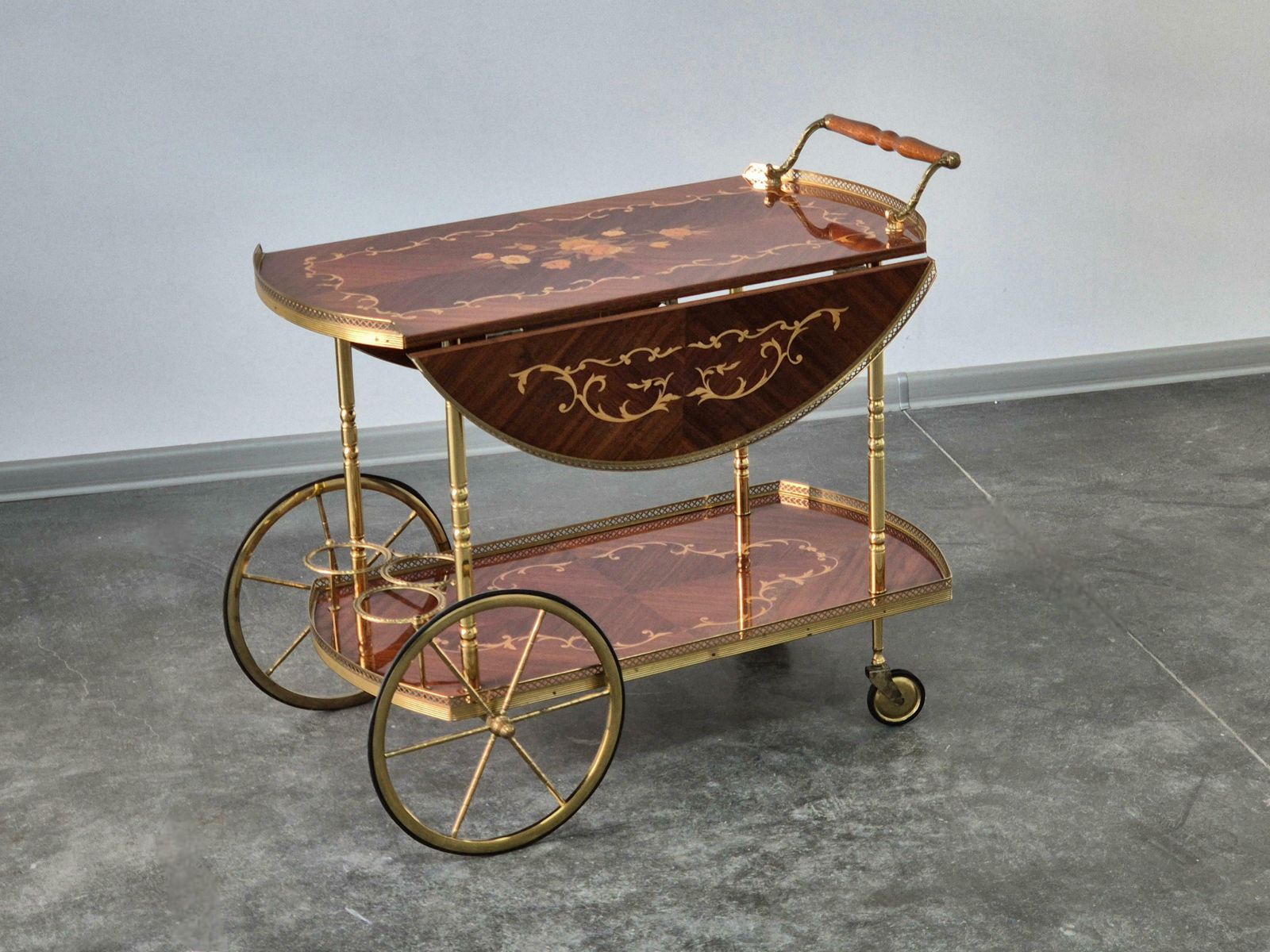 photo for sale Serving Drink Bar Cart Trolley With Side Flaps, Marquetry Inlays, 1970s.