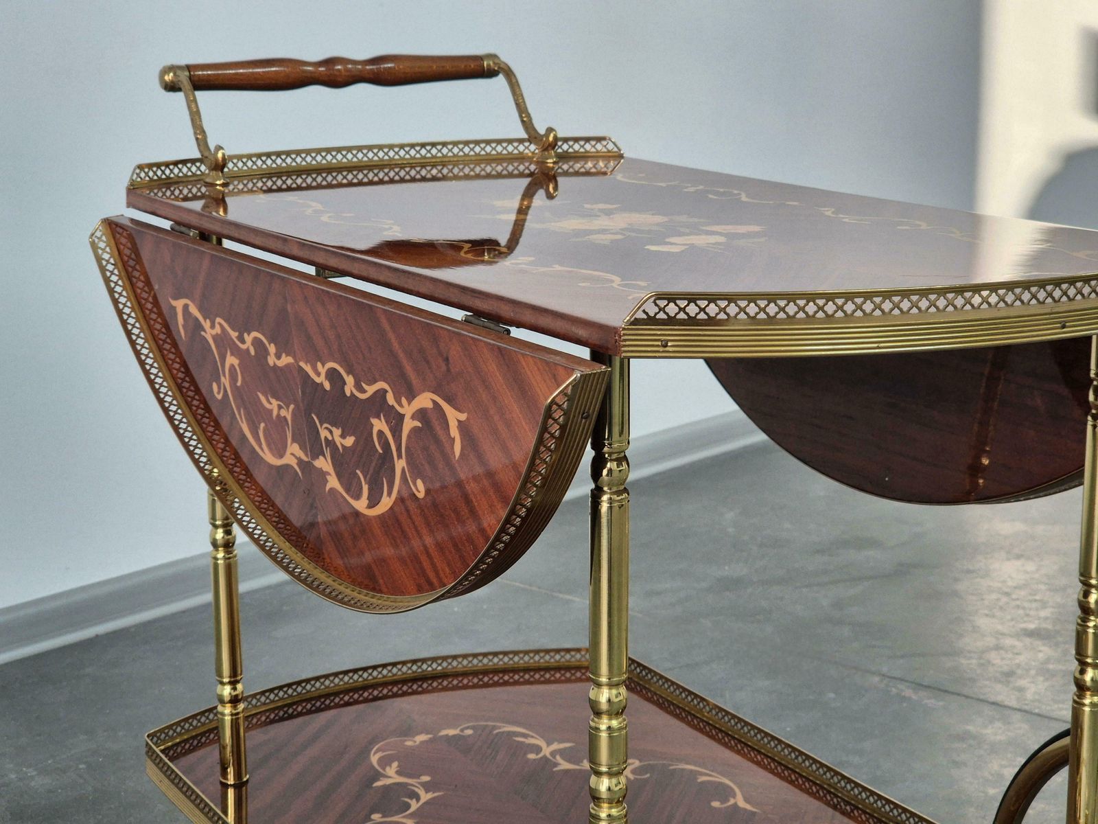 photo vintage Serving Drink Bar Cart Trolley With Side Flaps, Marquetry Inlays, 1970s.