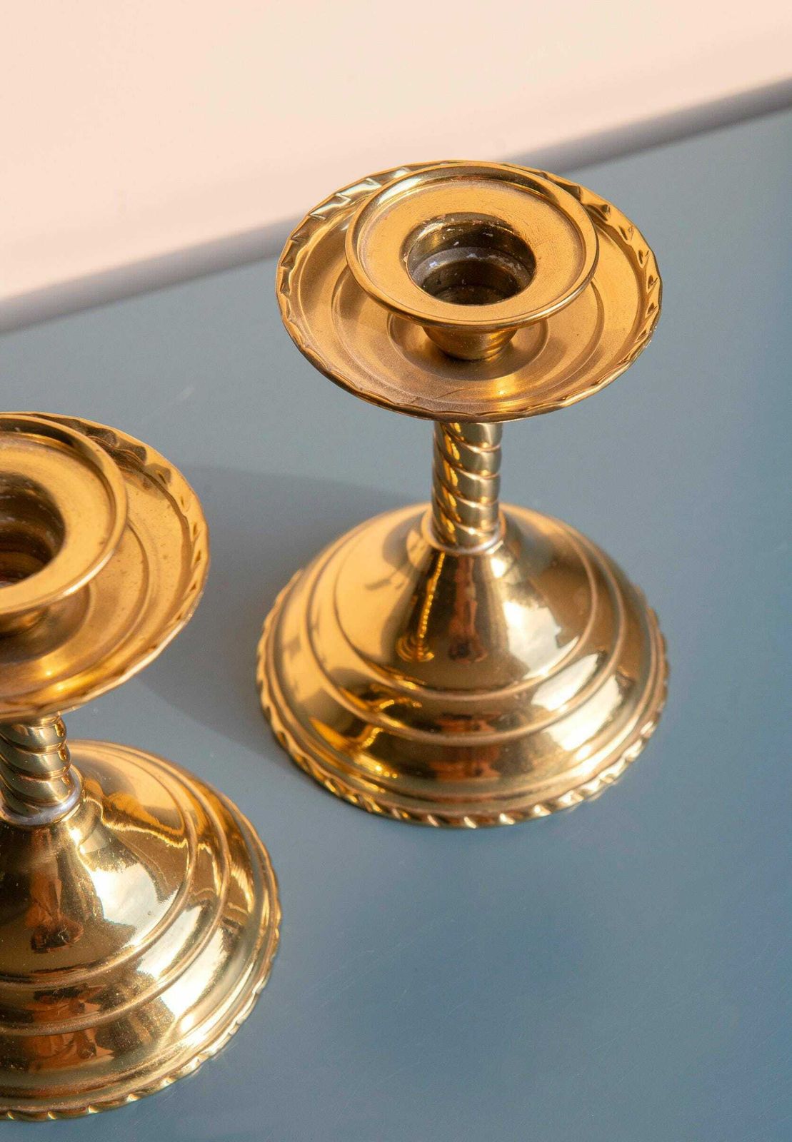 Brass Twisted Candle Holders, Two Golden Spiral Candlesticks, Barley Twist, Victorian Turned Candelabra, Country Home Decor photo for sale
