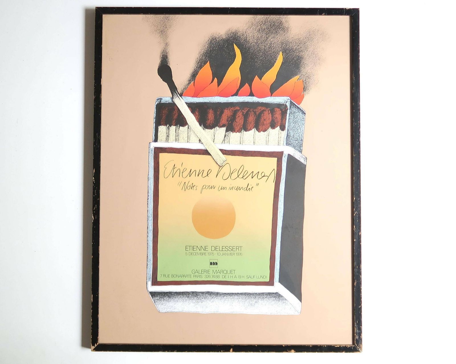 Original Framed Poster : Etienne Delessert Exhibition At Galerie Marquet, 1975 1976 / Print, Box Of Matches On Fire
