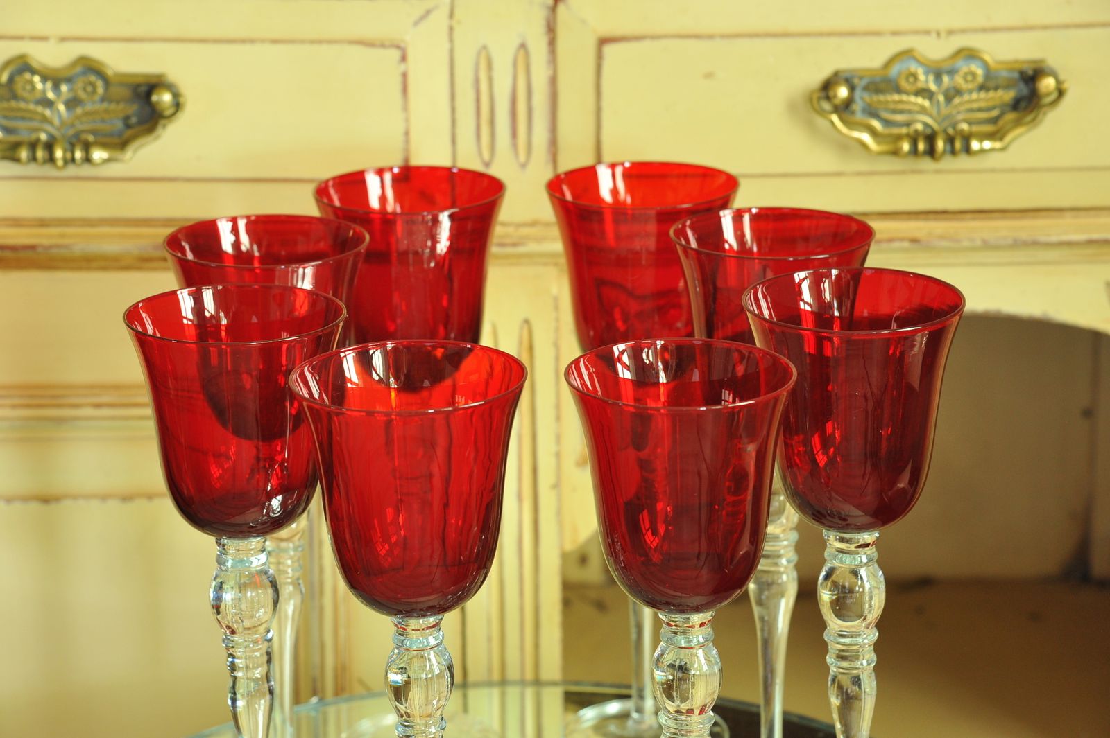 photo for sale A Luxury Set Of Eight Extremely Large Vintage Ruby Red Wine Glasses