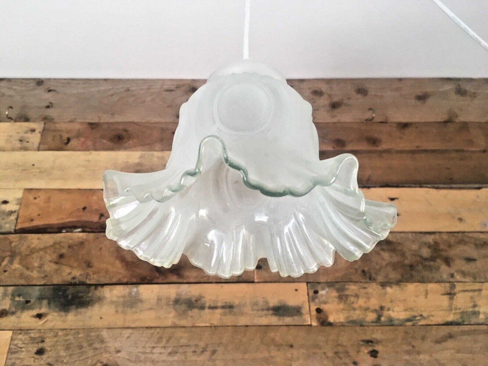 1 Antique Art Nouveau Frosted Satin Glass Ruffled Crimped Edge Light Shade Deco photo 50.0