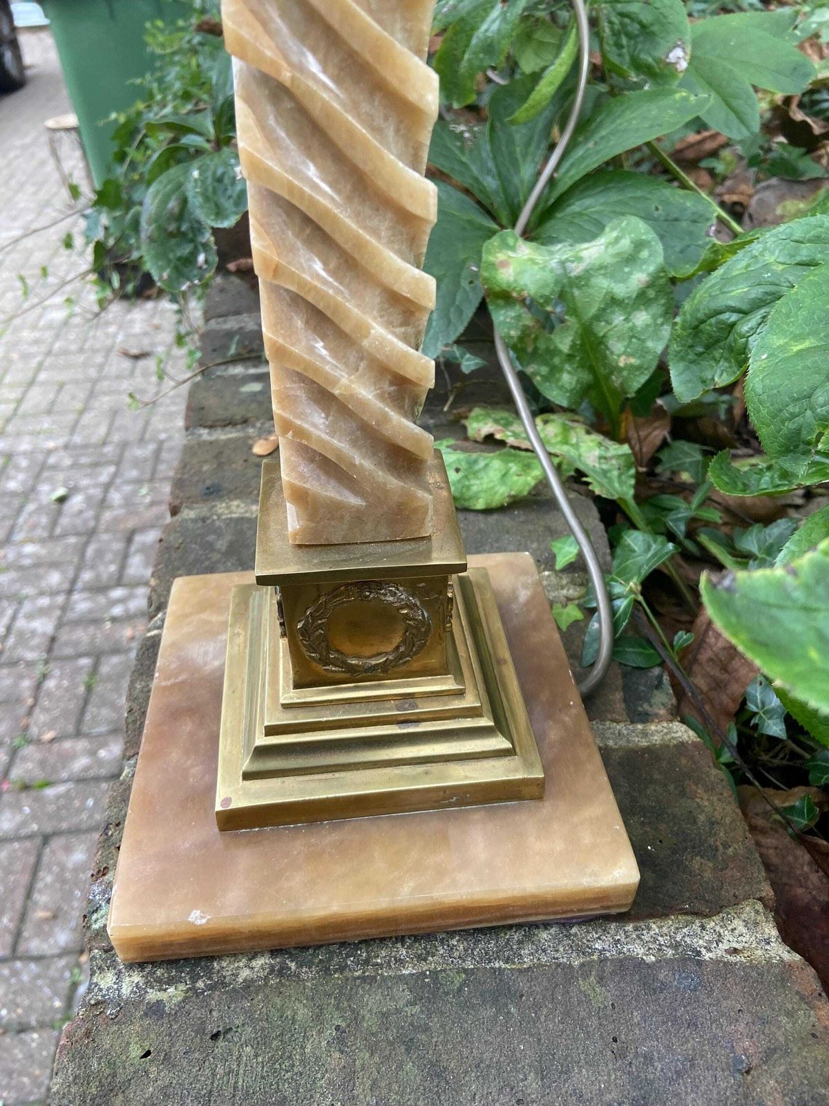 photo for sale Unusual Vintage Spiral And Creamy Brown Onyx (Marble) And Metal Lamp   Classical Corinthian Style, Working