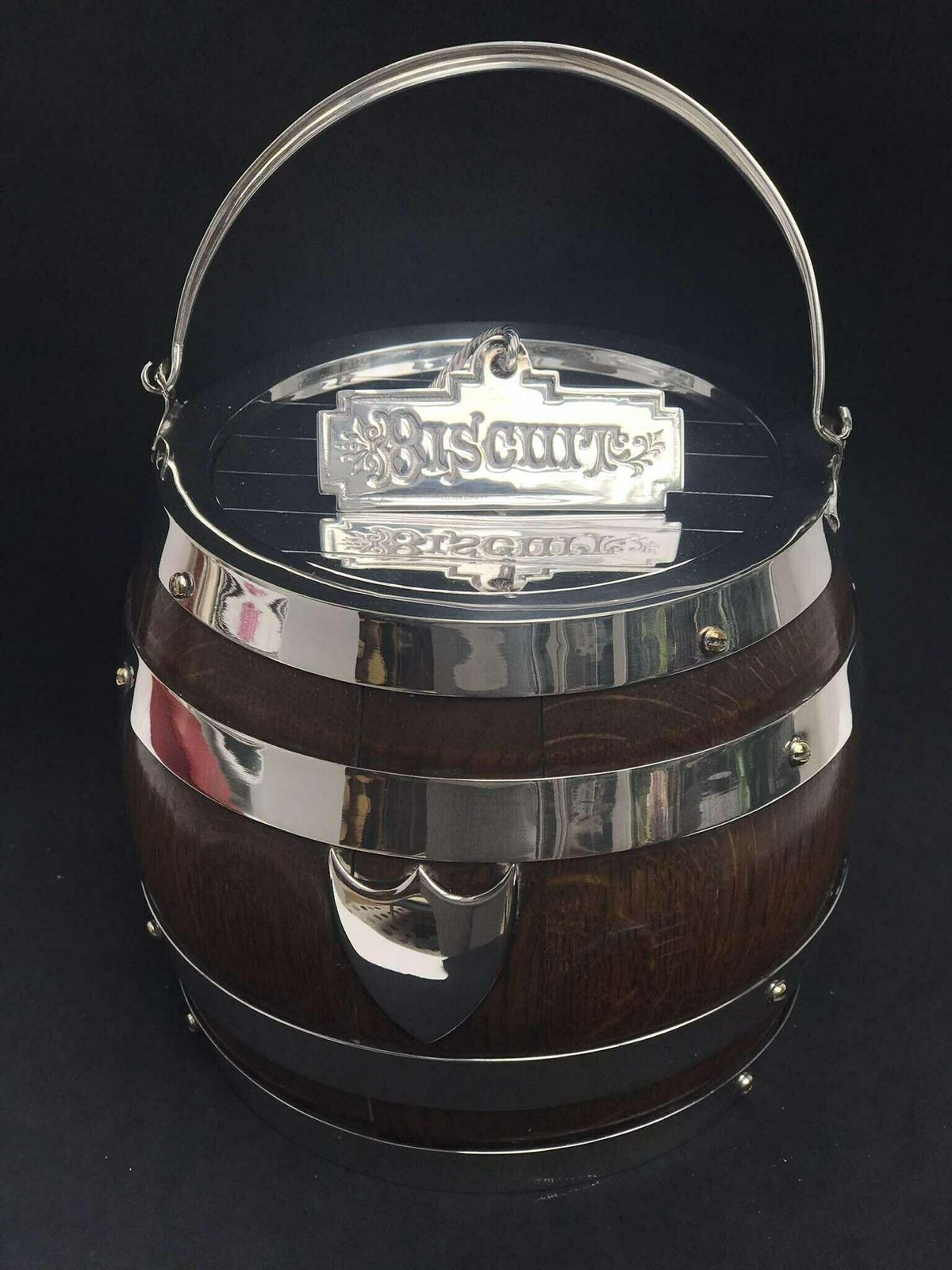 photo for sale Biscuit Barrel English Victorian Oak And Silver Plate Or Ice Bucket British Antique Gift For Family Luxury Gift Cookies Jar Box English Bar