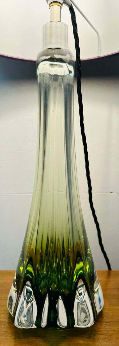 1950s Belgium Val Saint Lambert Green & Clear Crystal Glass Table Lamp Signed photo Lighting