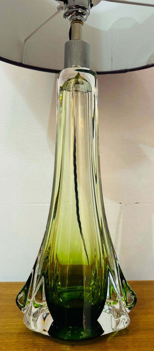 1950s Belgium Val Saint Lambert Green & Clear Crystal Glass Table Lamp Signed photo buy