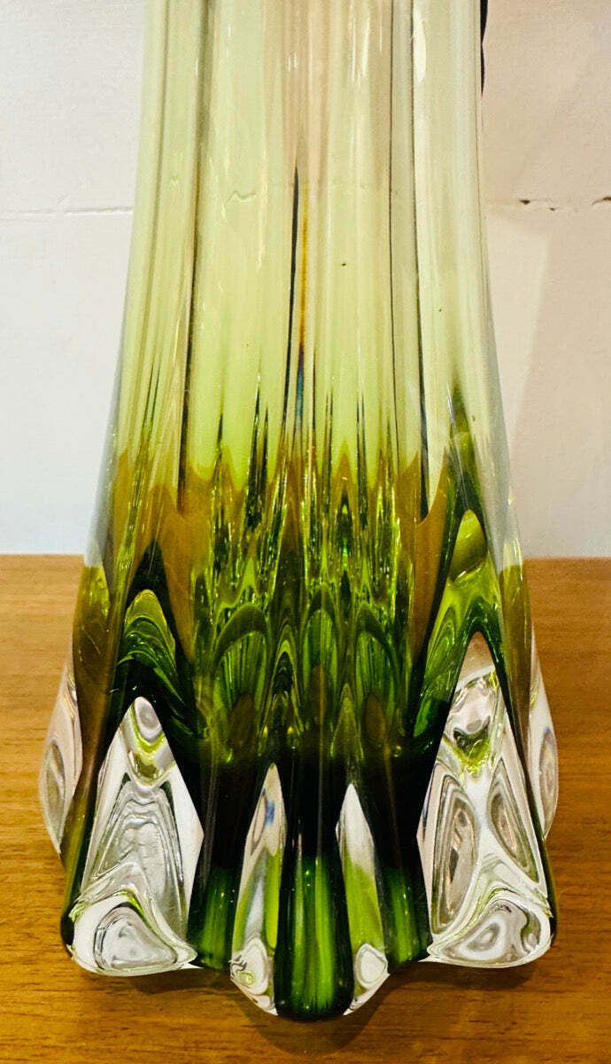 photo furniture 1950s Belgium Val Saint Lambert Green & Clear Crystal Glass Table Lamp Signed