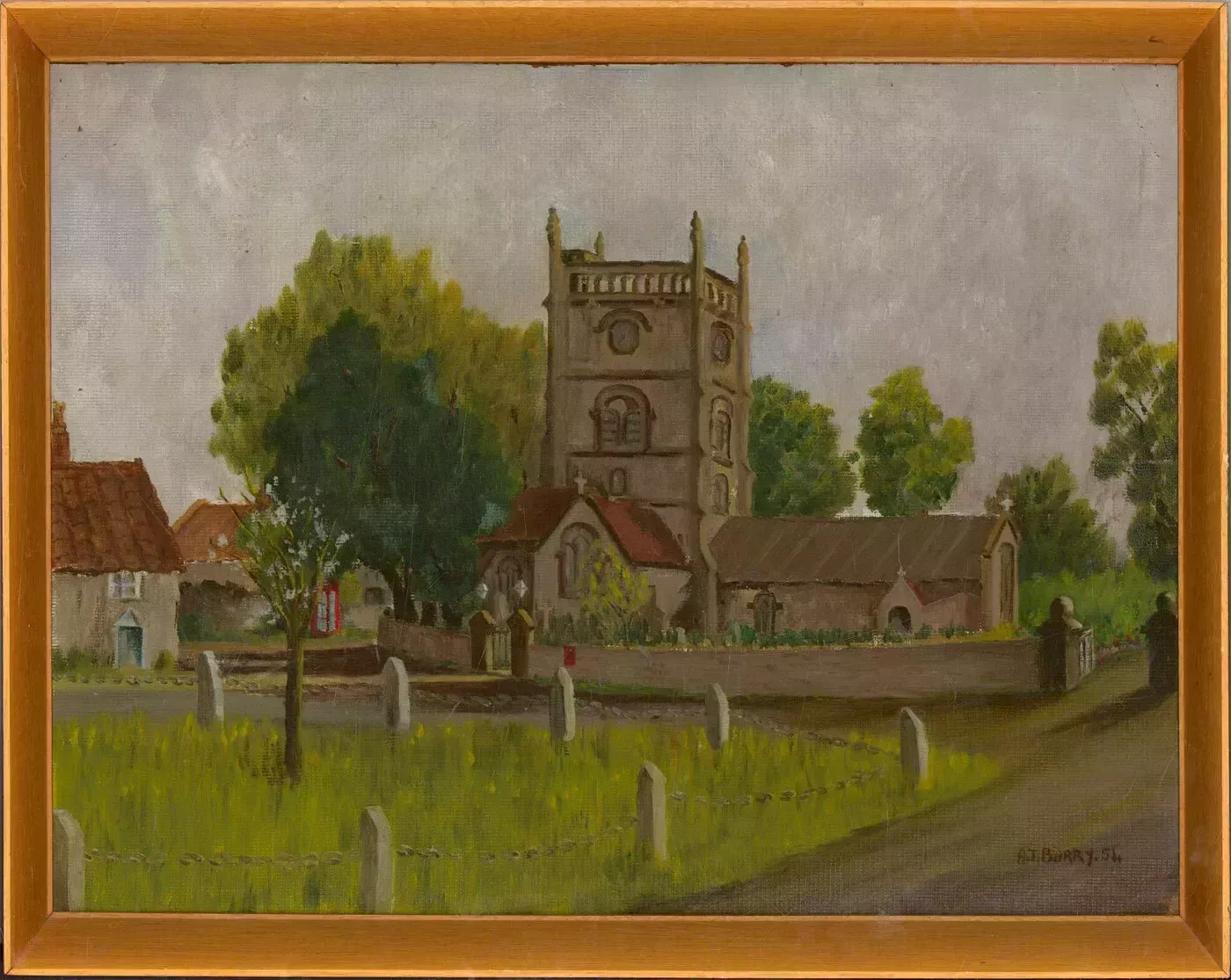 A. T. Barry   Signed & Framed 1954 Oil, Queen Charlton Church