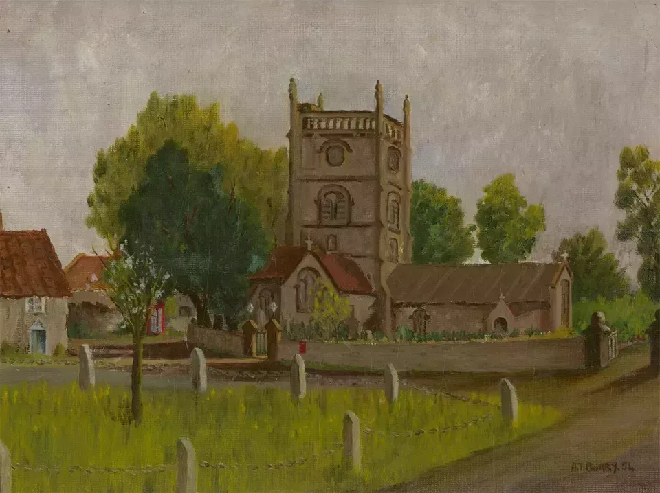 A. T. Barry   Signed & Framed 1954 Oil, Queen Charlton Church photo for sale