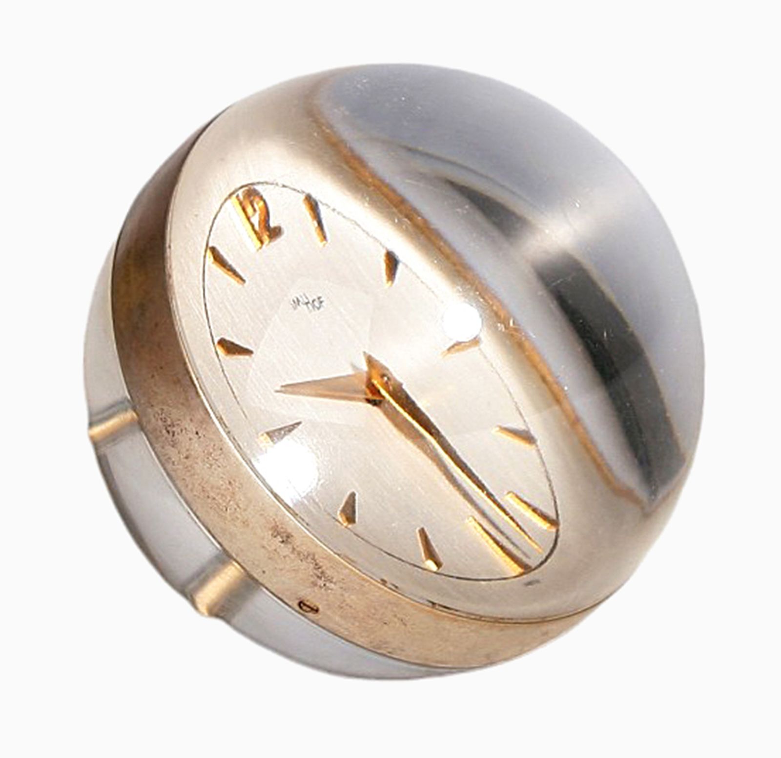 1960s Mid Century Modern Lucite And Gilt Brass Sphere/Ball Paperweight Clock With 15 Jewel Wind Up Movement By Swiss Clockmaker Arthur Imhof