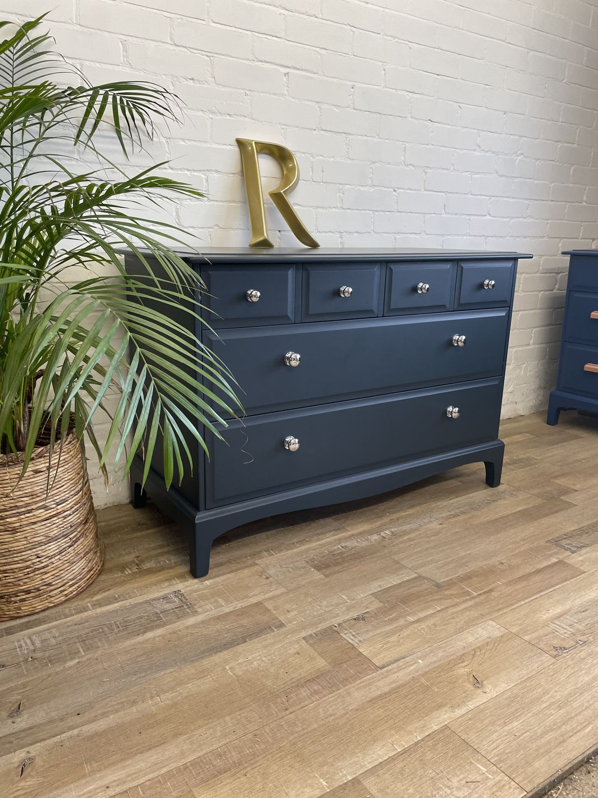 Stag Minstrel 4 Over 2 Chest Of Drawers Painted Midnight Ink Blue photo vintage