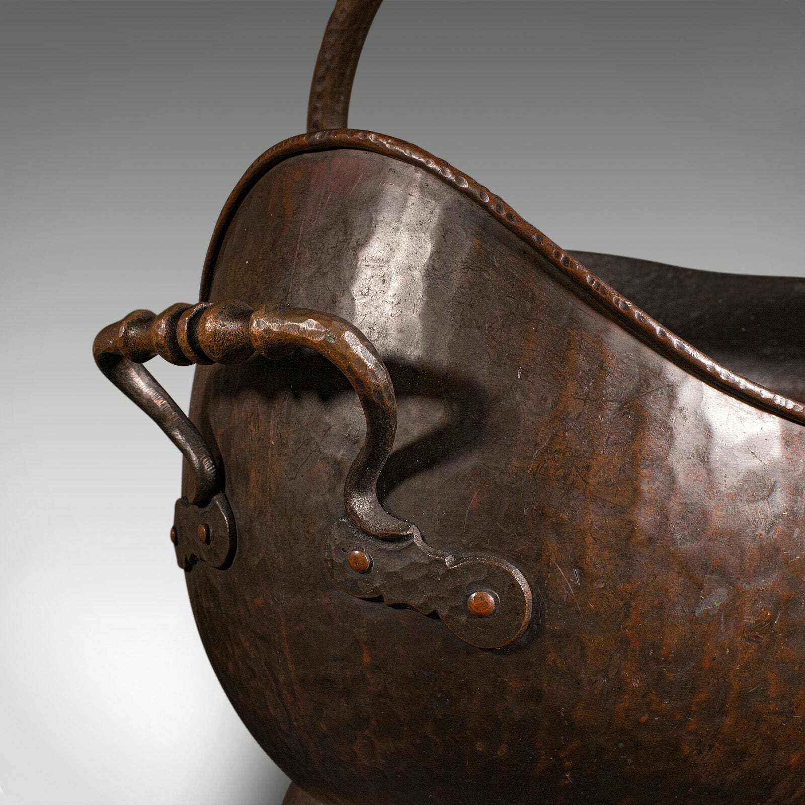 Home Fixtures Antique Fireside Helmet Scuttle, English, Copper, Coal, Fuel Store, Victorian photo