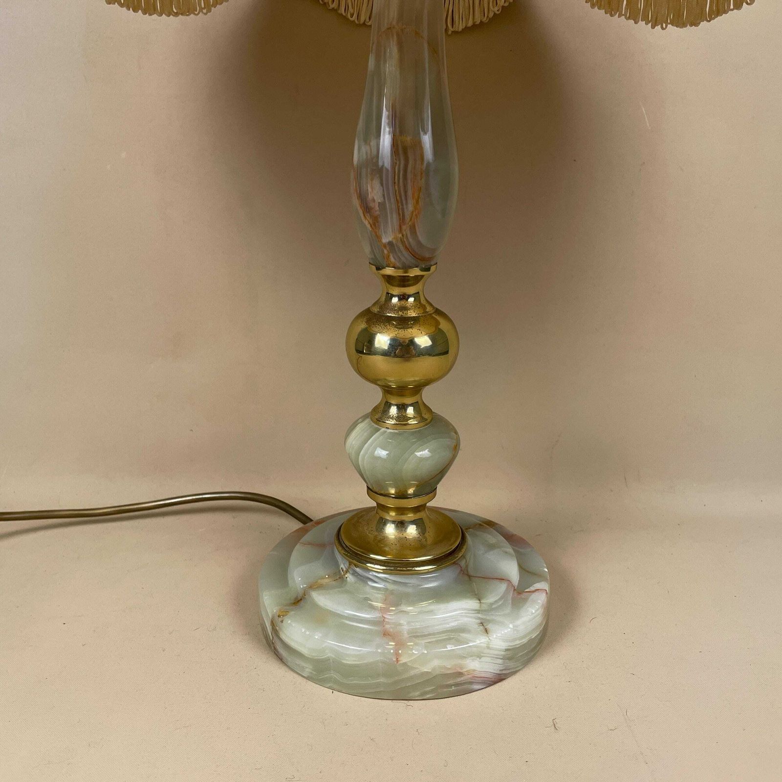 Antique Onyx Marble Lamp Light Brass Green Gold Metal Bedside Side Table Desk Marbled Patterned Vintage Downton Ornate Tassel Lampshade photo 95.0