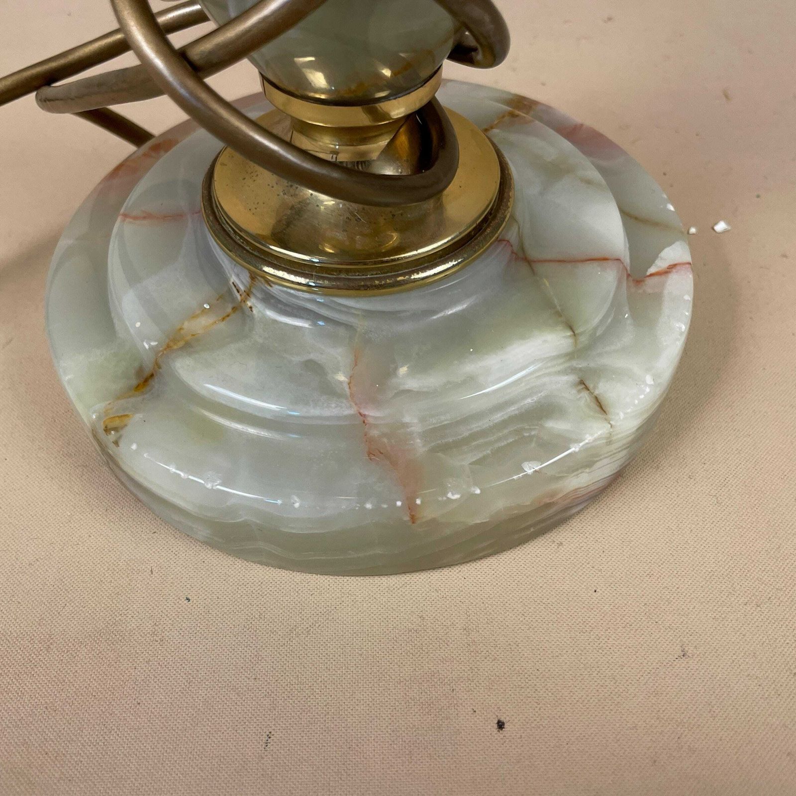 photo for sale Antique Onyx Marble Lamp Light Brass Green Gold Metal Bedside Side Table Desk Marbled Patterned Vintage Downton Ornate Tassel Lampshade